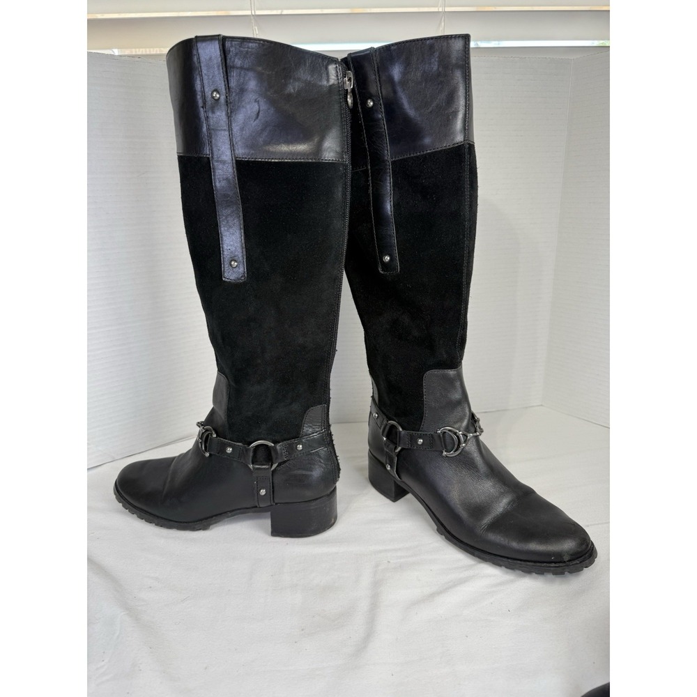 Etienne Aigner  Blk Leather Suede Women's Harness Horse Look Bit Tall Boots Sz 7